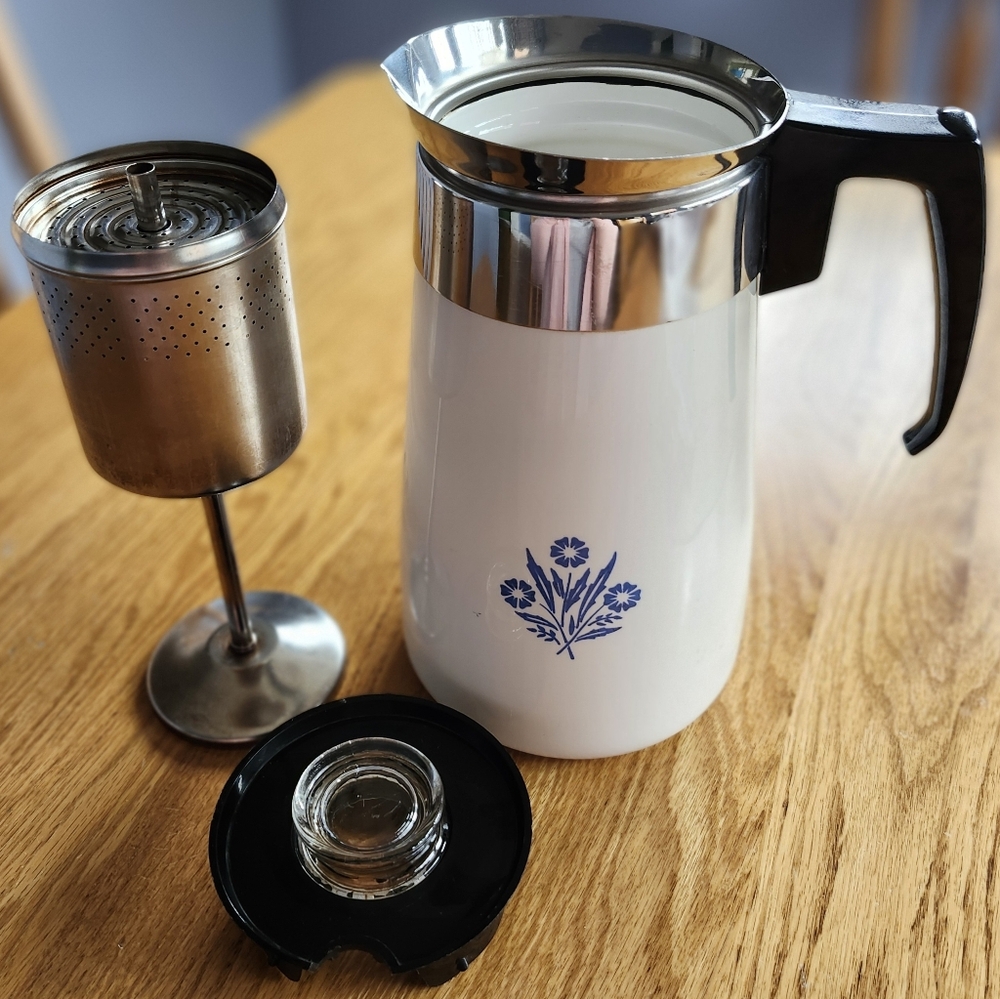 Corningware White and Silver Coffee Percolator with Blue Floral Design